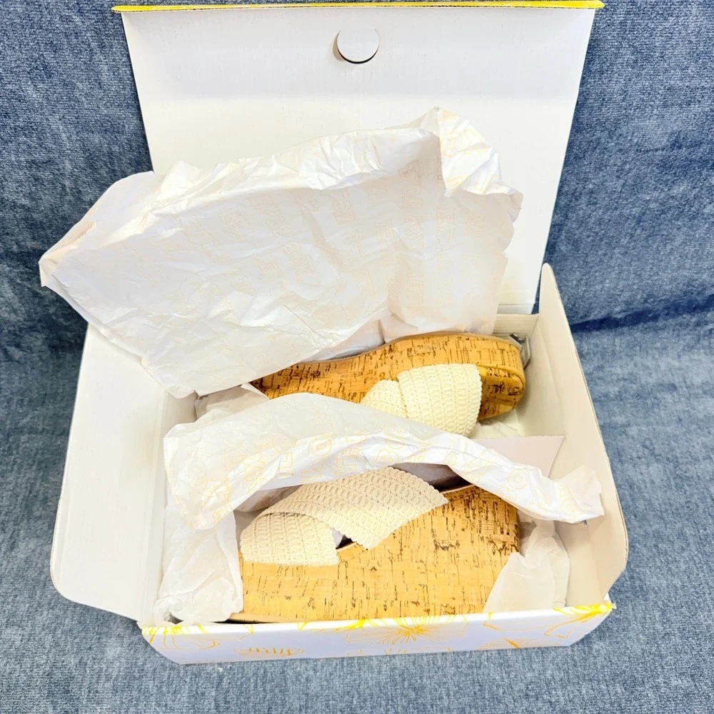 Yellow Box Halva Sandals Womens 7 Natural Woven Cork High Wedge Platform Slide